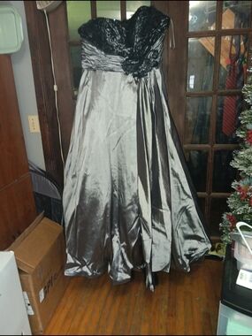 David's Bridal Silver and Black Strapless Prom Gown